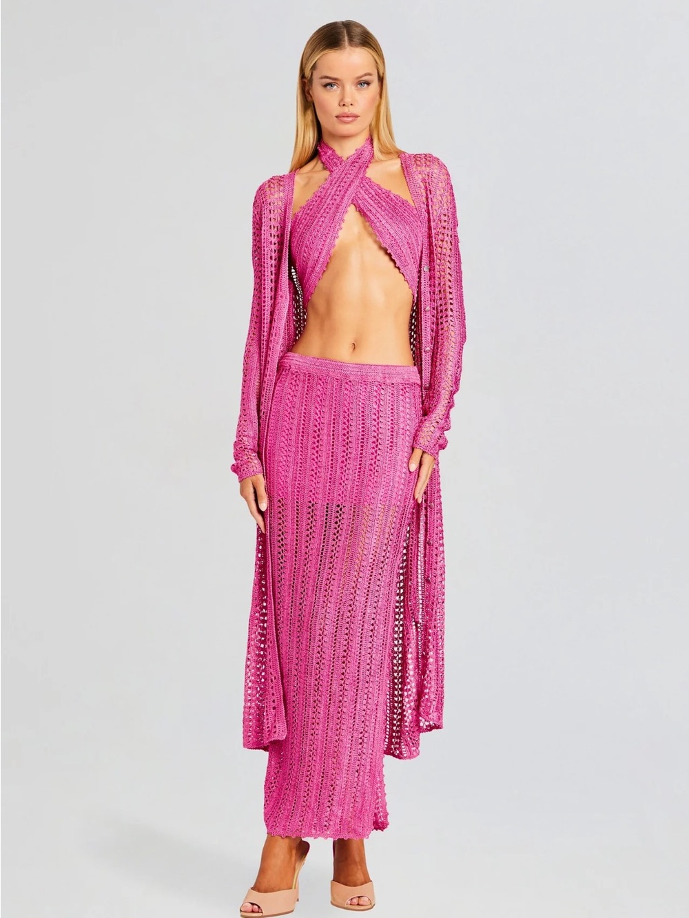 Seroya NYC Susan Crochet Set Pink S/M | Crochet Wrap Top + Maxi Skirt